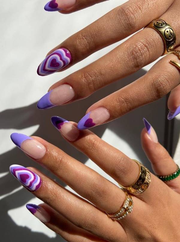 nails deisng with heart in purple