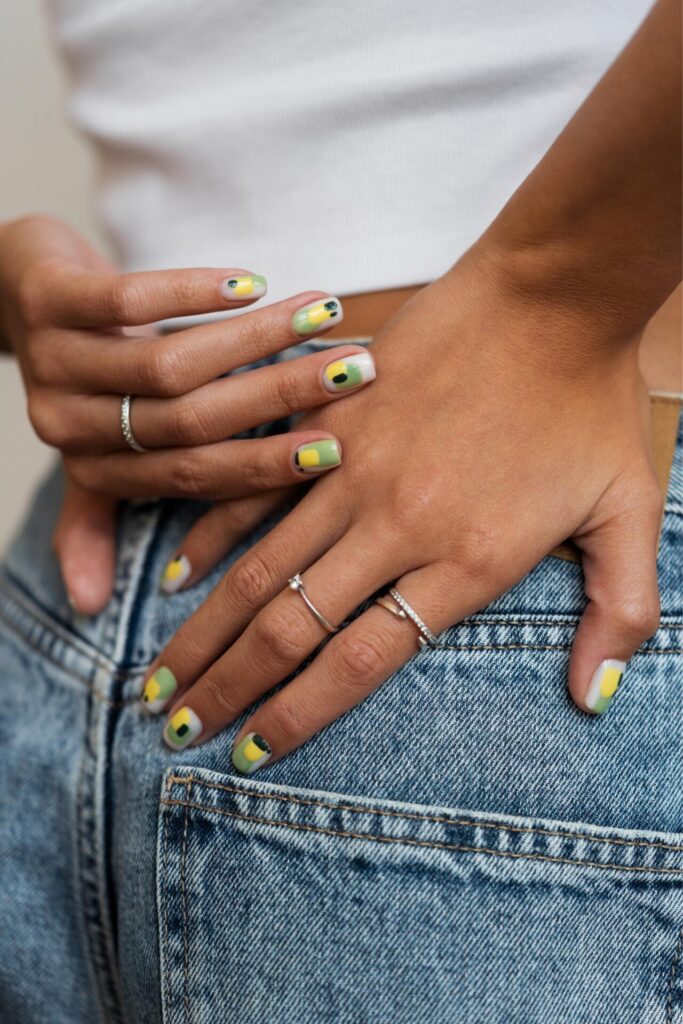 green and yellow press-on nails